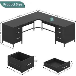 TVU 59’' L Shaped Desk with 6 Drawers, Large Home Office Corner Computer Desk with Storage File Cabinet, Modern Metal Wood Desk for Executive Writing Study Workstation (Black)
