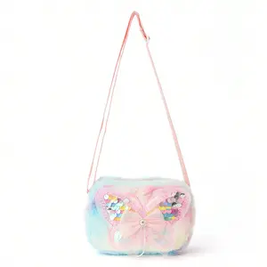 Colorful Sequined Butterfly Girl Plush Crossbody Bags Outdoor Portable Kids Square Shoulder Bag Soft Fluffy Handbag Coin Purse