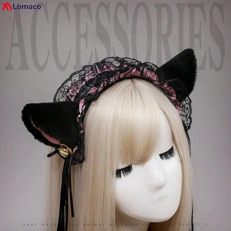 Gothic Lolita Maid Plush Cat Ears Ribbon Bell Ruffles Lace Hairbands Choker Wristbands Women Girls Hair Hoop Cosplay Accessories