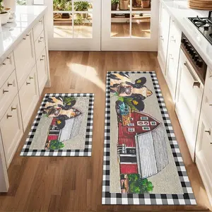 2Pcs cow and red farm floor mat set with black and white checkered printed carpet farmhouse anti fatigue kitchen carpet anti slip washable kitchen dining room floor sink laundry room decoration carpet mat