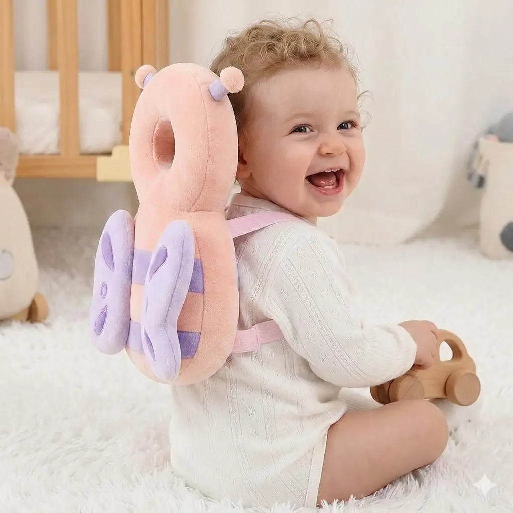 Unisex Baby Head Protector Backpack with Adjustable Safety Harness - Soft Breathable Hypoallergenic Velvet Fabric, Plush Details - Machine Washable, Prevents Injury, Reduces Damage Angle - For 0.5-2 Years Infants Learning to Sit, Pp, 1 - 2 Years