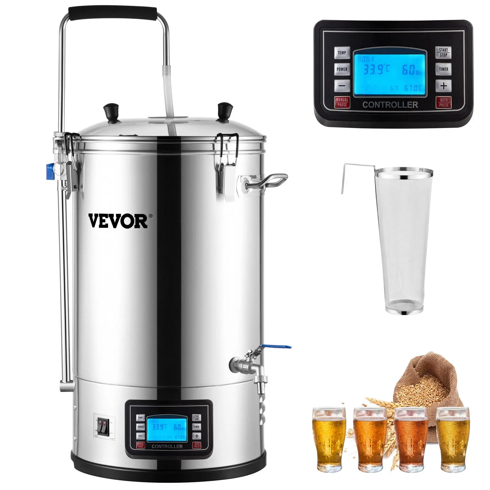 【summerfinds】VEVOR Beer Brewing System, 9.2 Gal/35 L Brewing Pot, All-in-One Home Electric Beer Brewer with Pump, Mash Boil Device with Panel, Auto/Manual Mode 100-1800W Power 25-100℃ Temp 1-180 min Timer Recipe Memory