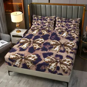 3Pcs Leopard Print Fitted Sheet Set, Warm Tan and Light Beige Rosette Pattern on Deep Indigo, Soft and Fuzzy Texture, Complete with Matching Cow Print Satin Bows, Stylish and Cozy Bedding for Your Bedroom Includes 2 Pillowcases, No Pillow Core