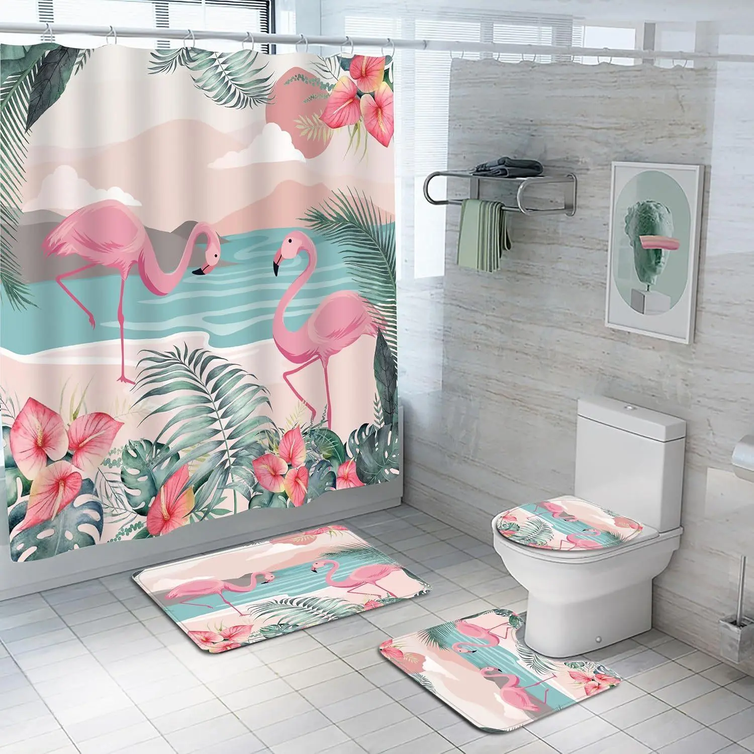 Flamingo Pattern Bathroom Decorations, 4 Counts/set Including Shower Curtain & Toilet U-shape Mat & Bathroom Mat & Toilet Lid Cover, Bathroom Accessories
