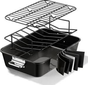 Non-stick Carbon Steel Turkey Roasting Pan with Rack 16x11 Inch, Dishwasher Safe Deep Baking Broiler Pan for Oven, Ideal for Roasting Chicken, Bacon, Black