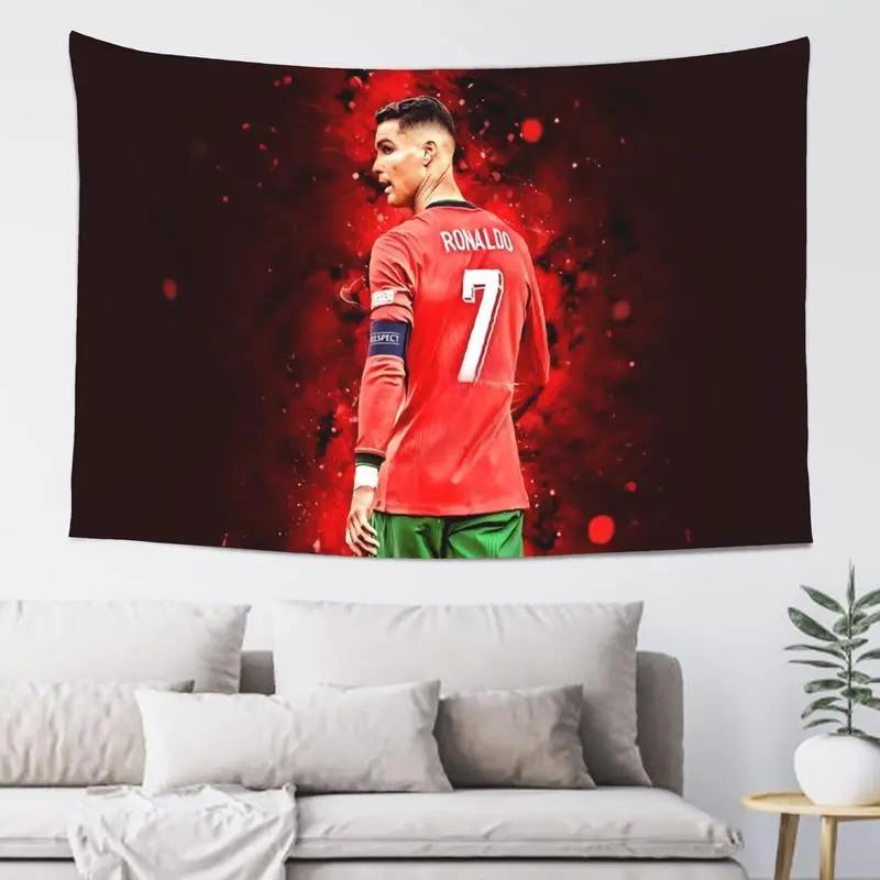 Cristiano Ronaldo Number 7 Print Polyester Soccer Tapestry - Unisex Vibrant Red-Green Synthetic Canvas Wall Art, Mountable Horizontal Indoor Bedroom Living Room Decor with Mounting Accessories for Soccer Fans, Hangable