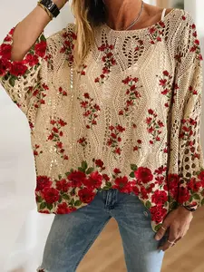 Women's Floral Print Long Sleeve Knit Hollow Out Top, Casual Elegant Vacation Sweater, Valentine's Day Batwing Design Blouse, Plus Size Fashion for Spring Summer Autumn