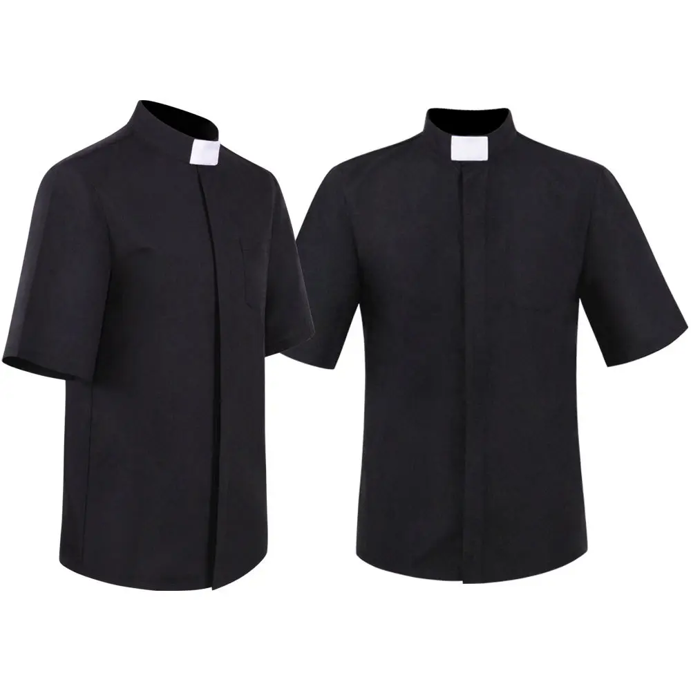 Men's Traditional Classic Rayon Short-Sleeve Missionary Shirt - Missionary Shirt Black, Plain White, Breathable Fabric, Relaxed Fit, Clerical Look, Snap Closure, Multi-Size, Evening Wear, Halloween Demon Cosplay Costume, Theatrical Production Use