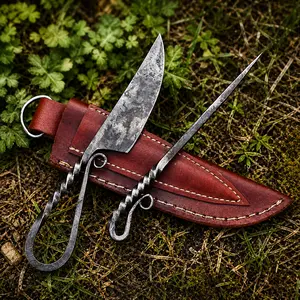 Handmade Viking Dining Set | Hand Forged Carbon Steel Knife & Skewer | Leather Sheath | Medieval Reenactment Gift