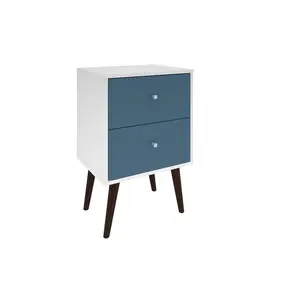 Manhattan Comfort  Liberty Mid Century - Modern Nightstand 2 with Solid Wood Leg 2 Full Extension Drawers in White & Aqua Blue