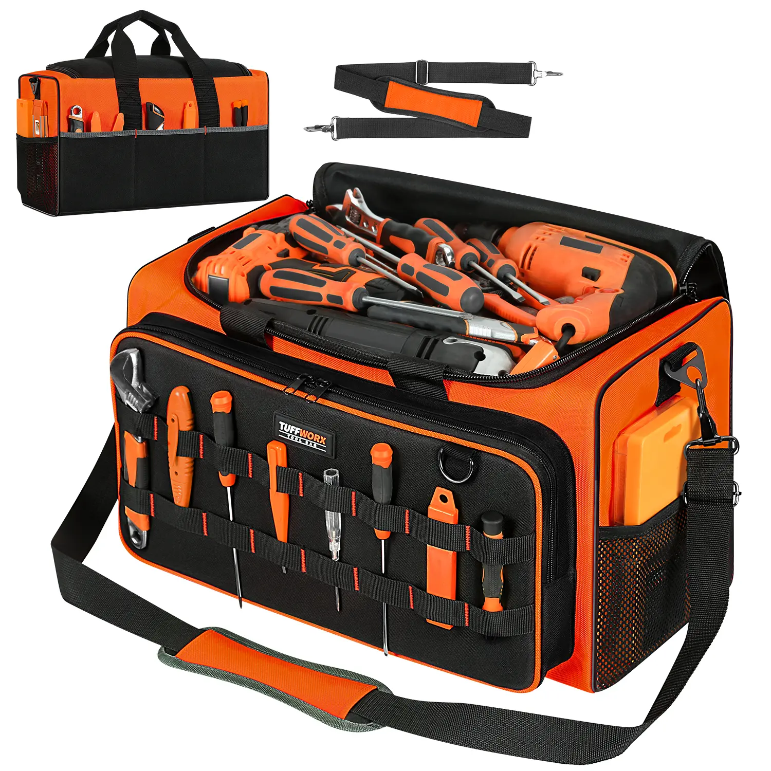 TUFFWORX Tool Bag with 14 Pockets, 19.2x 11.8x 10.6 inch, Heavy Duty 600D Fabric, Black and Orange Tool Bag Organizer Tool Storage Kit