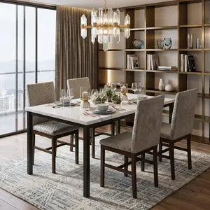 5 Piece Mid-Century Modern Dining Set, Rectangular Faux Marble Dining Table with 4 Diamond Stitching Upholstered Chairs, Heavy Duty Metal Frame 4-Seater Breakfast Dinette, Anti-slip Easy Assembly Space Saving Furniture for Home Kitchen Small Apartment