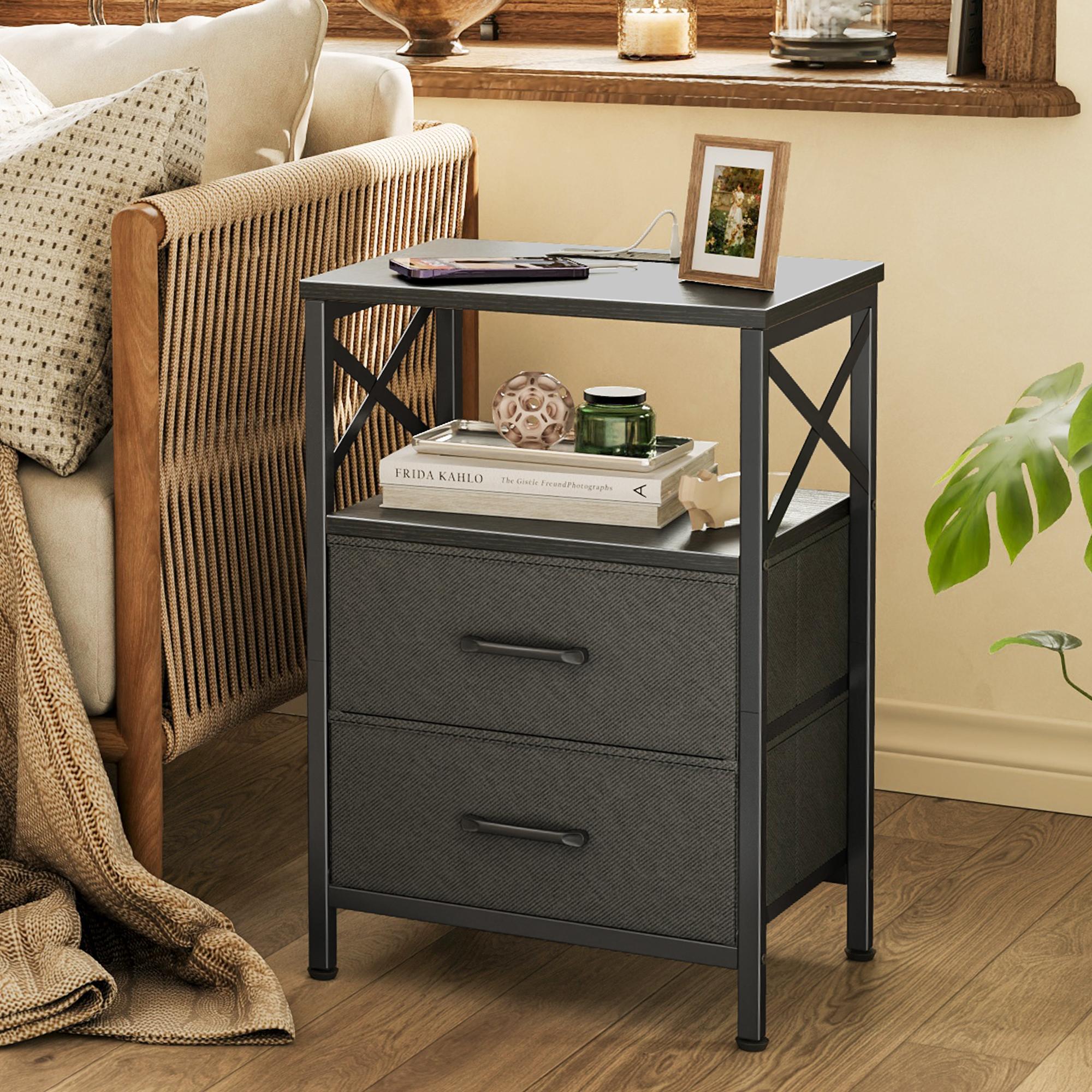 Huuger Night Stand with Charger Station, 2 Drawer Nightstand with Open Shelf, Bed Side Table with USB-C Port, End Table, Compact Size for Small Spaces, X Shaped Side Rail