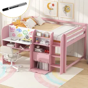 Full Size Low Loft Bed with Built-in Desk Storage Cabinets Open Bookcase Whiteboard for Graffiti Pink LED Bed Frame Solid Sturdy MDF Plywood