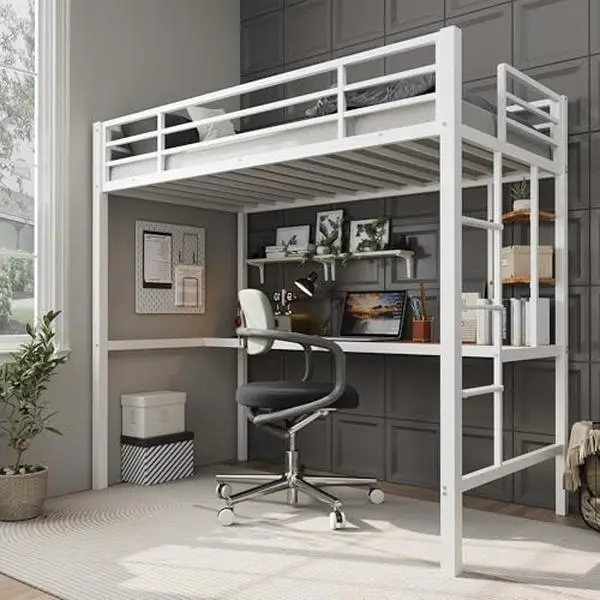 GAOMON Twin Size Loft Bed with Large Desk and Storage Shelves, Heavy Duty Metal Loft Bed with Safety Guardrail and Ladder, Steel Slats Support, Space Saving,White and Brown