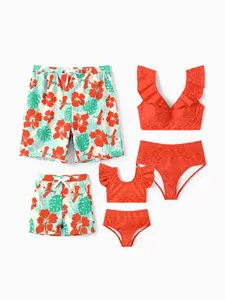 Family Matching Tropical Floral Print Swim Trunk or Ruffle Trim Bikini with Optional Beach Cover-Up Dress