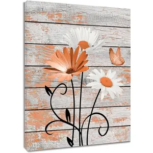 Farmhouse Orange Floral Wall Art for Living Room, Daisy Flower and Butterfly on Rustic Wood Pictures Wall Decor Nature Plant Framed Canvas Wall Art for Bedroom Bathroom Decor