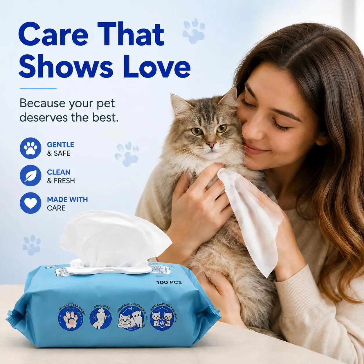 100Pcs Pet Wipes for Dogs & Cats – Gentle Cleaning Wipes for Paws, Face & Body, Pet Hygiene Care Supplies