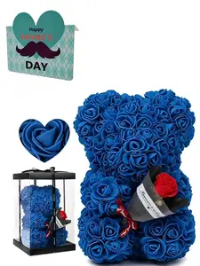 Handmade Rose Bear Father's Day Pendant Necklace, Gift Box with Blessing Card, Perfect Present for Dad, Unique Handcrafted Jewelry, Flower Bouquet Necklace