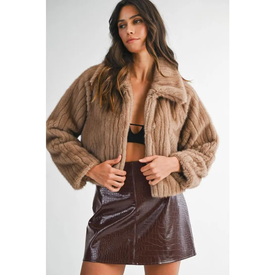 Ciara Faux Fur Long Sleeve Collared Jacket - Mocha