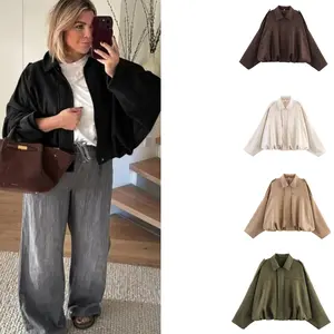 Naeduo Womens Faux Suede Bomber Jacket Oversized Lapel Zip Up Pilot Coat Streetwear Motorcycle Outerwear with Epaulets