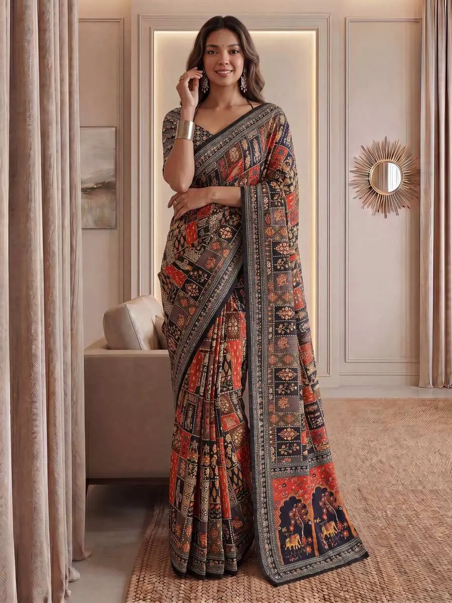 Indian DESIGNER GEORGETTE PRINT WITH BLACK SEQUENCE WORK LACE BORDER SAREE unstitched