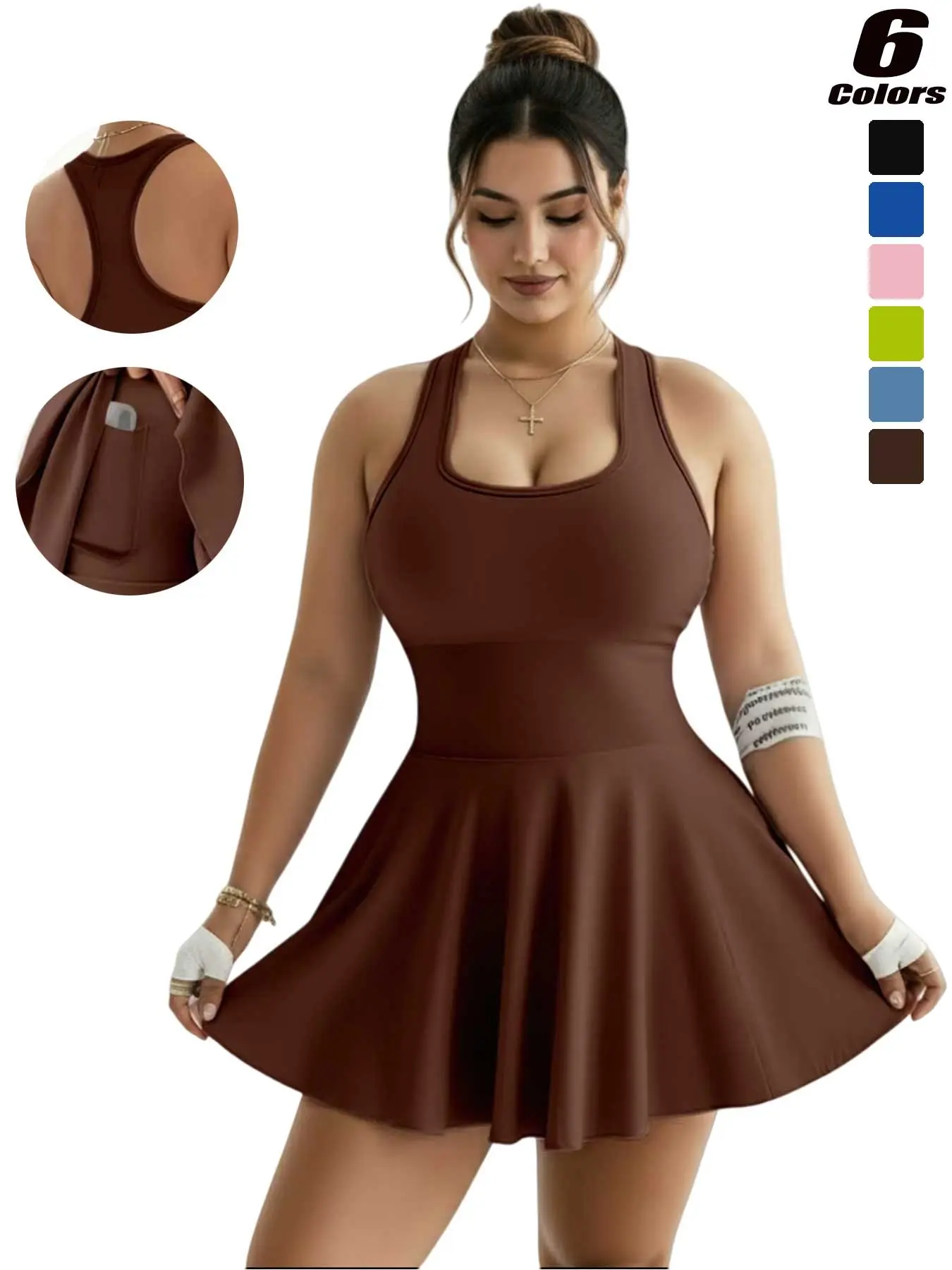 Women's Summer Sporty Casual Dress, Yoga Jumpsuit Short Skirt, Detachable Bra Pad, Inner Shorts with Side Pocket, Tennis Workout Dress, Tennis Sports Dress, Tennis Athletic Dress, Workout Active Dress, Workout Exercise Dress