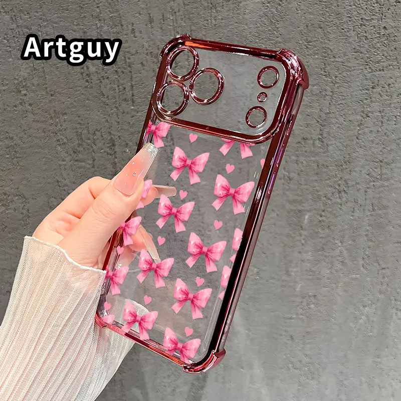 Compatible with iPhone 17 16 Pro Max 15 Plus 14 13 12 11 E Air Phone Case Pink Bow Delight Pattern Transparent Full Coverage Four Corners Anti-drop Casing