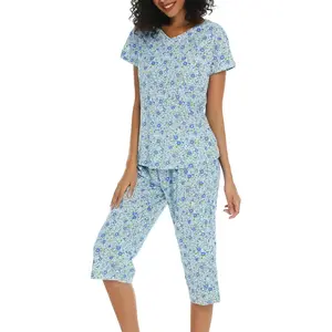 Womens Pajama Sets Cotton Pj Set Short Sleeve Top With Capri Pants Sleepwear 2 Piece Lounge SetGift