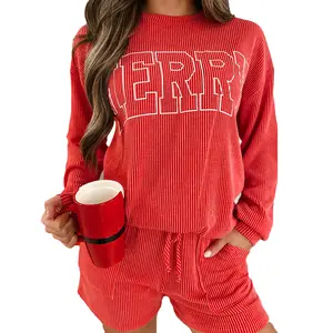 Mntaor Women's Christmas Loungewear Set - Corded MERRY Graphic Long Sleeve Top and Shorts - Womenswear, Winteroutfit,Christmas Pajamas Family Christmas Pajama Set