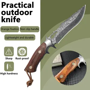 Damascus Pattern Fixed Blade Utility Knife with Wooden Handle, Rust-Proof Tool for Outdoor & Kitchen Food Prep