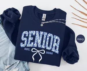 Senior Est. 2026 Blue Floral Class Sweatshirt - Hoodie, Cute Senior Girl Bow, Vintage Back to School Shirt For High School Class of 2026, Graduation Gift