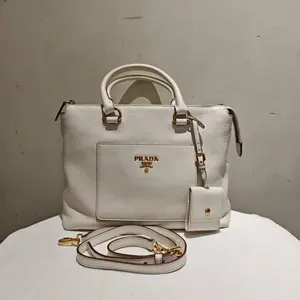 Pre-owned PRADA Calfskin Shoulder Bags White Vitello Daino Leather Double Handle Bag
