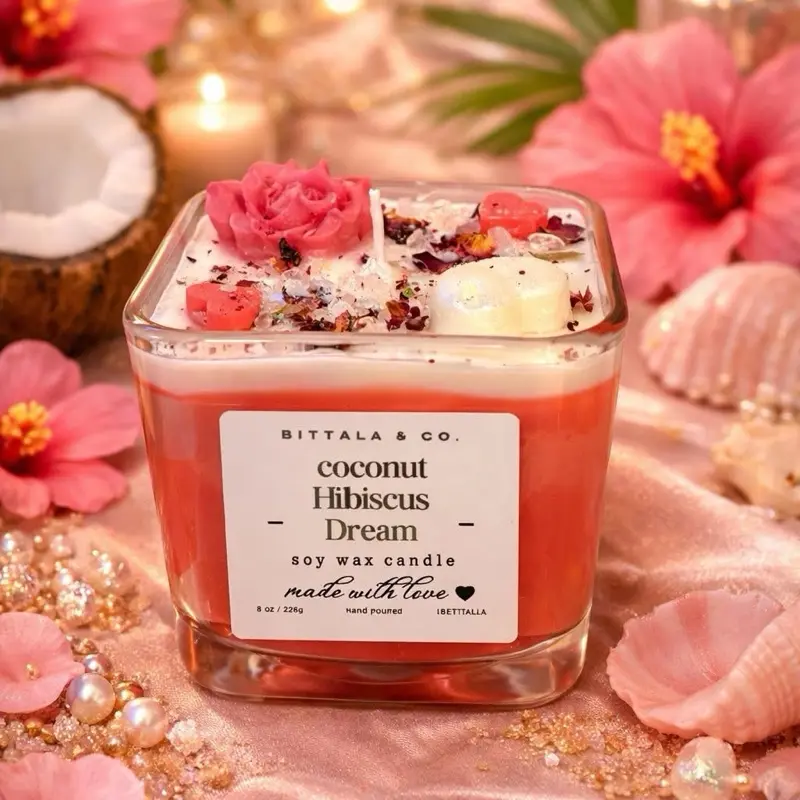 Bittala & Co. Coconut Hibiscus Dream Soy Wax Candle 8 oz Hand Poured for Home Decor & Ornaments