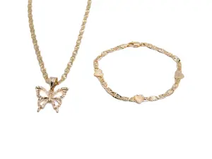 Elegant 7.5-inch bracelet set with gold-plated hearts and butterfly pendant with 18 or 24-inch chain for versatile styling.