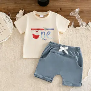 6-18Months 2Pcs Infant Boy Birthday Outfits Short Sleeve Crew Neck Fish Rod Letters Embroidery Tops and Elastic Waist Shorts Set