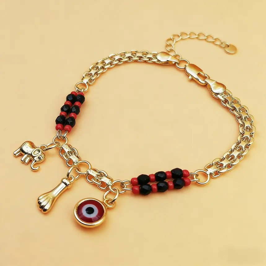 Gold Plated Boho Ankle Bracelet with Evil Eye and Elephant Charms, Jewelry for Adults with an Adjustable Fit, Boho Theme