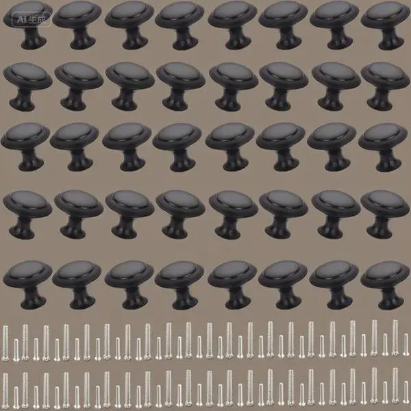 Matte Black Solid Zinc Alloy Single Hole Round Knobs, 40-Piece 1-1/6 in (30mm) Diameter Anti-Rust Cabinet Hardware, 0.91 in Height Drawer Pulls for Kitchen Renovations, Bathroom Upgrades with Screws