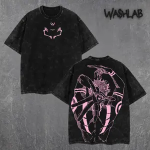 Retro Ryomen Sukuna Jujutsu Kaisen Graphic Tee Double Sided Print Oversized Acid-Washed Heavyweight Cotton T-Shirt – Unisex Anime Manga Tee, Perfect Gift for Anime Fans and Lovers Menswear Tops