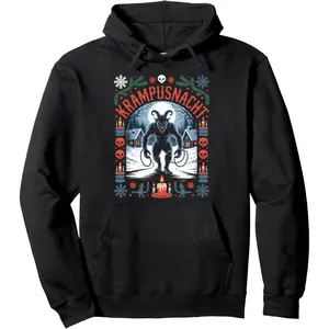 Men's Krampusnacht, a dark twist on Christmas featuring the mythological figure Krampus Graphic Hoodie - Cotton Blend Black Long Sleeve Pullover Regular Fit | Soft & Breathable Fabric, Durable Print, Everyday Comfort, Machine Washable, dark festive horror