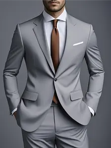 2pcs Men'S Suit Set | Including Jacket and Trousers, Long Sleeve, Fashionable Formal Wear, Suitable for Parties, Gatherings, and Weddings, Solid Color, Non-Stretch Fabric, Slim Fit