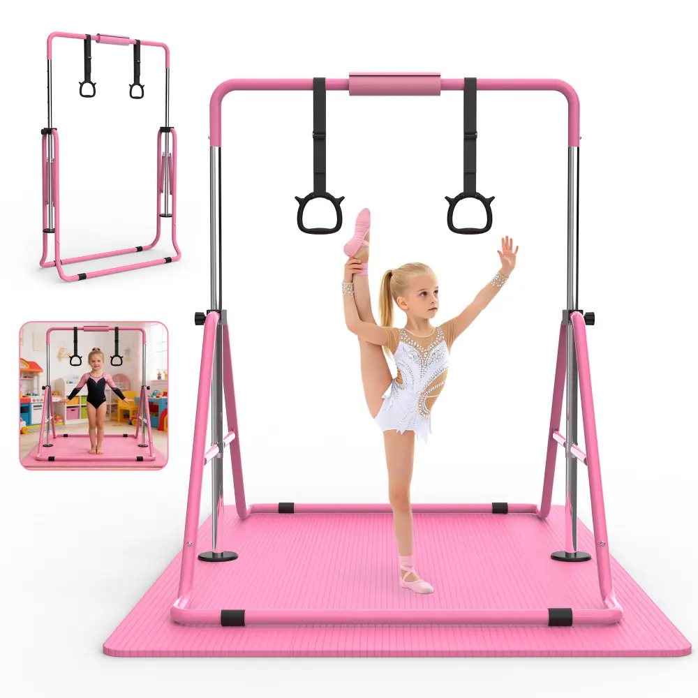 Foldable Gymnastics Bar for Kids with Mat & Rings, Adjustable Height Gymnastics Kip Bar, Sturdy Folding Indoor Monkey Bar with Safety Mat, Kids Gymnastics Training Equipment for Home