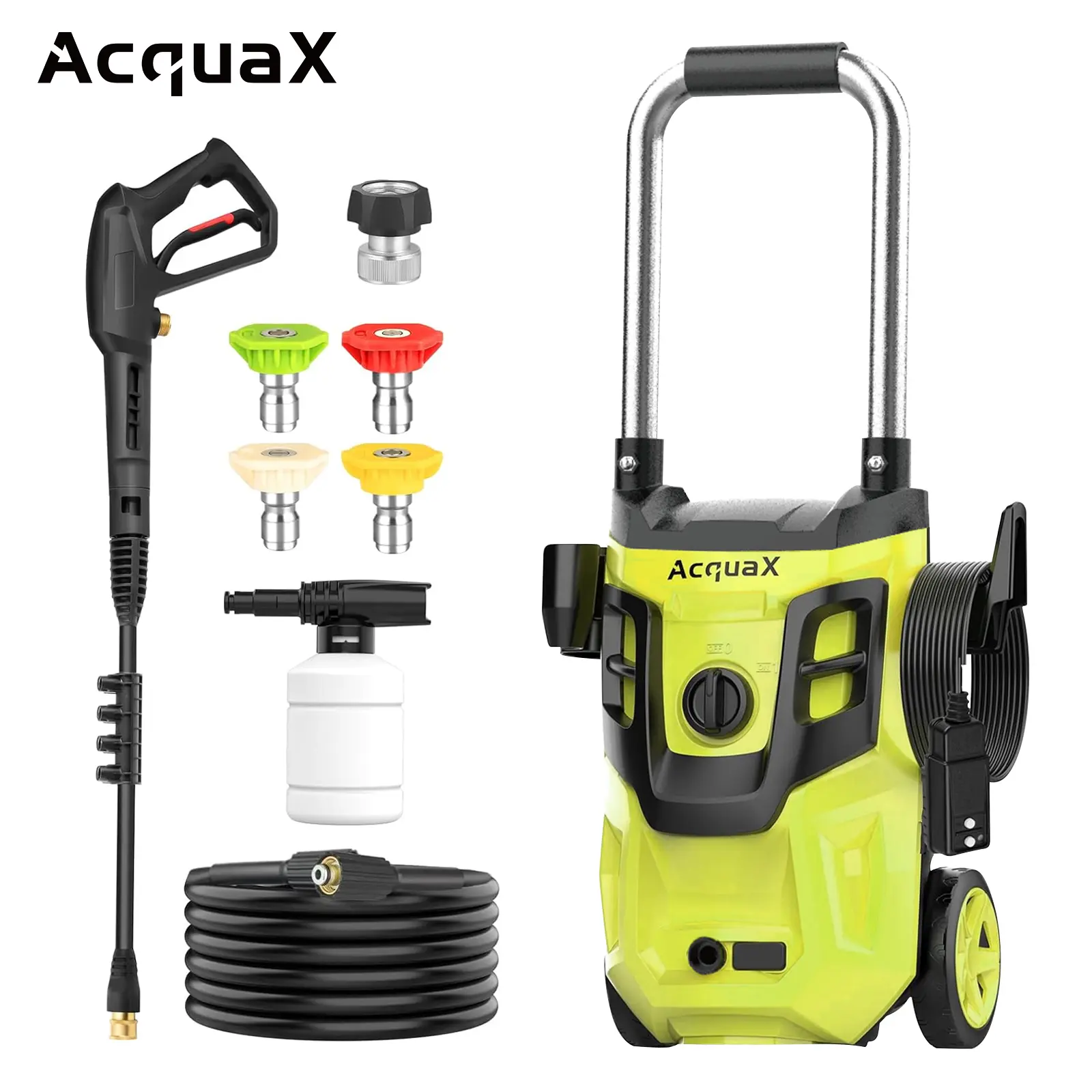 AcquaX C4013-PIUS 1500A Green Electric High-Pressure Cleaning Machine with 4 Pressure Nozzles & Foam Cannon for Cars Patios Driveways Heavy Duty Power Tool