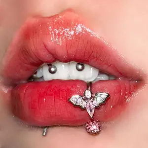 1pc Y2K Style Bat Lip Ring with Sparkling Pink Synthetic Zirconia – Stainless Steel Body for Everyday & Party Wear, Elegant and Cute Design for Women, Lip Piercing |   Playful Aesthetic |   Stainless Steel