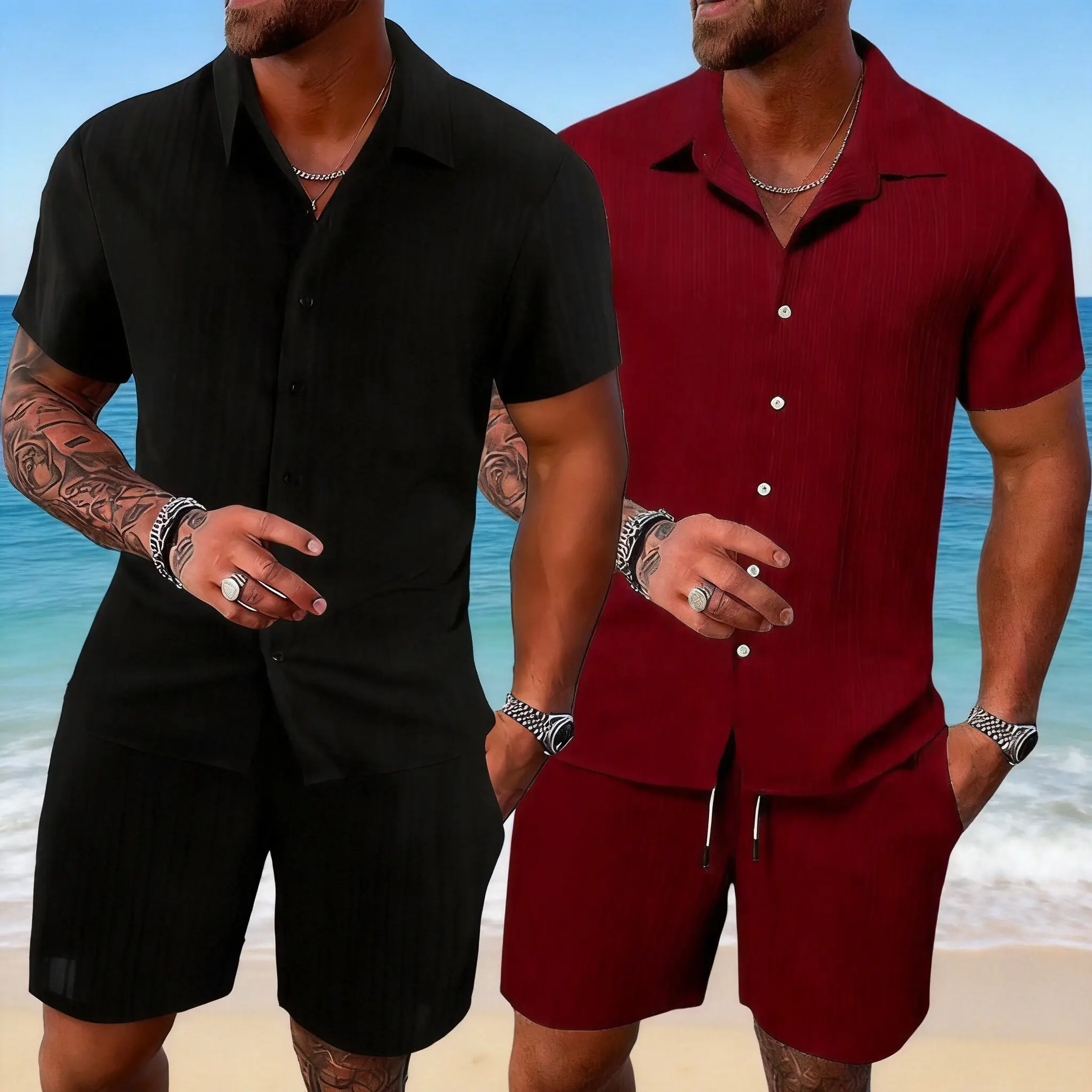 Casual short-sleeve shirt + drawstring shorts set — men’s summer beach outfit / fabric composition: polyester (waist measurement: stretch the flat waist until taut).