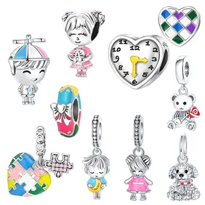 Childhood & Toy Silver Charm Bead, Enamel, Doll/Puzzle/Teddy Bear Designs for Family Jewelry, Suitable for Bracelets and Necklaces, Jewelry Gift for Women—Mother’s Day/Birthday/Child Milestone Gifts