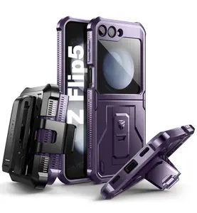 Dexnor Bumper Case with Holster for Samsung Galaxy Z Flip 5 5G (2023), Shockproof Rugged Full-Body Protective Case Cover with Built-in Kickstand & 360°Rotating Belt Holster Clip