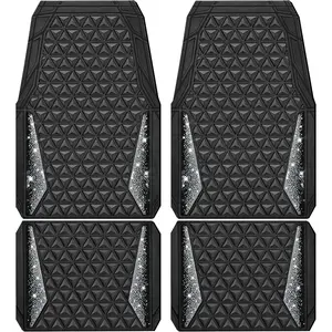 Bling Diamond Car Mats Rubber Floor Mats Full Set Anti-Slip 3D Rhombus Waterproof Trim to Fit Liner Universal Glitter Crystal Sparkly Shining Rhinestone Girl Women SUV Sedan Van, Black Silver