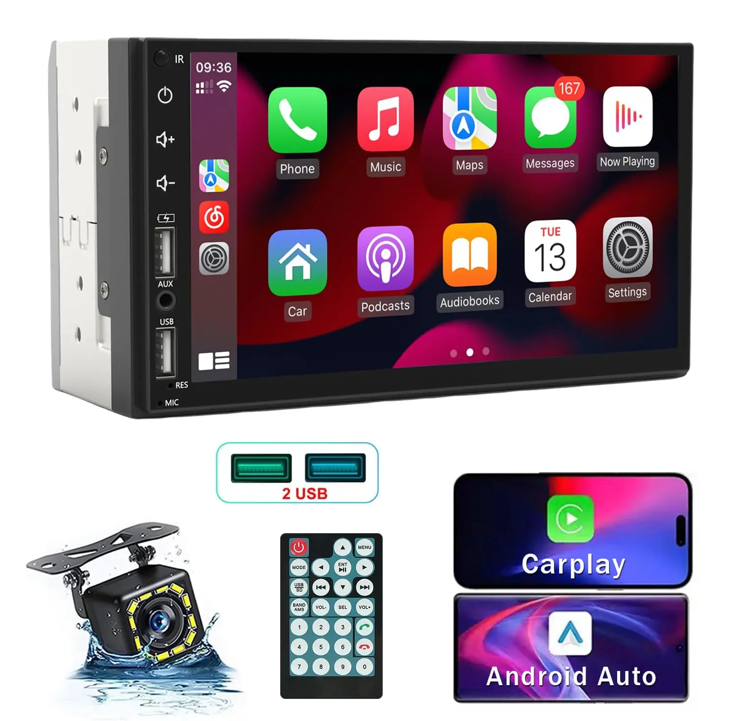 7 Inch Car Stereo Radio Double Din HD Touchscreen Car Audio Receivers Support Carplay&Android Auto, with Backup Camera Mirror Link Navigation 2 USB/TF/AUX