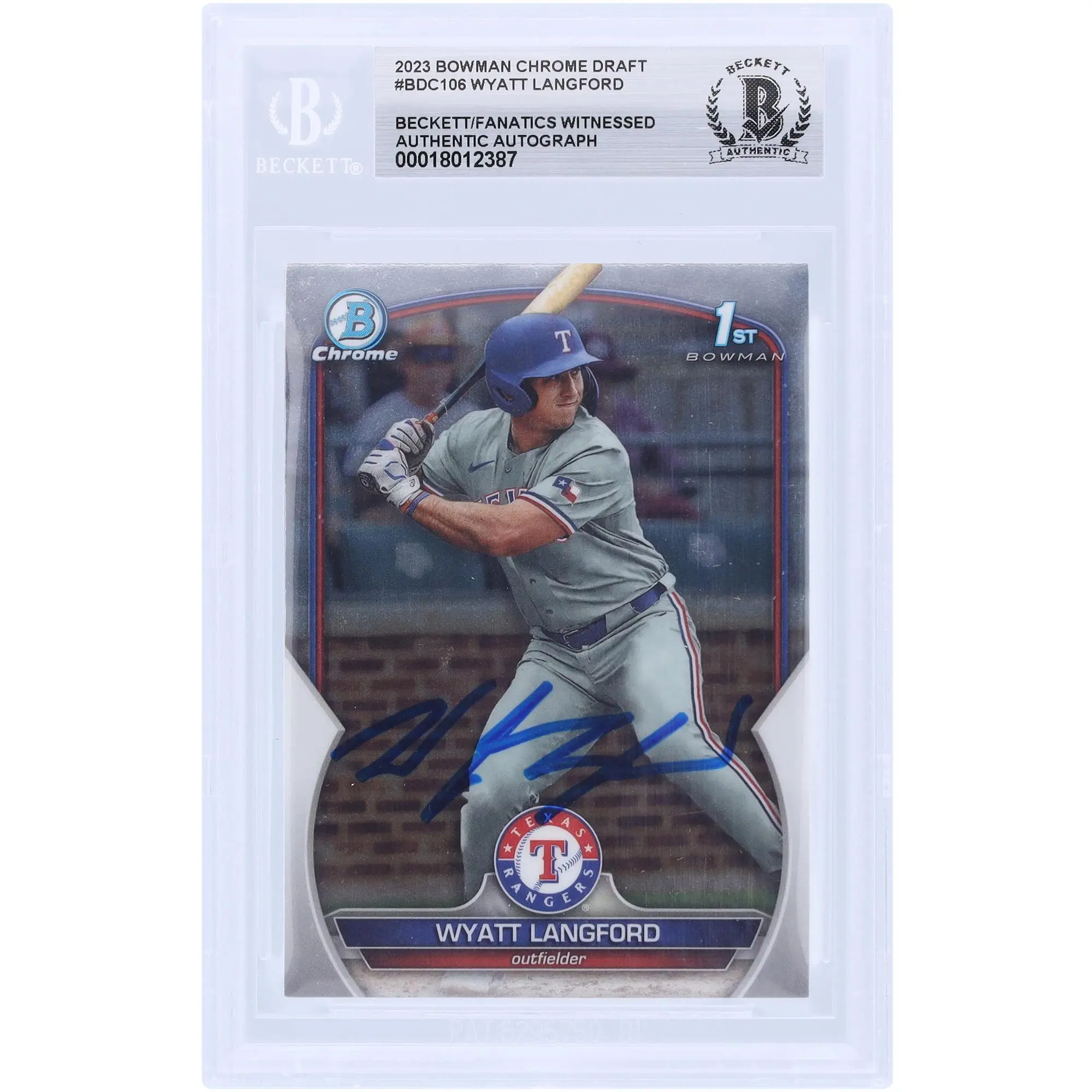 Wyatt Langford Texas Rangers Autographed 2023 Bowman Chrome Draft #BDC-106 Beckett Fanatics Witnessed Authenticated Card - Fanatics Authentic Certified